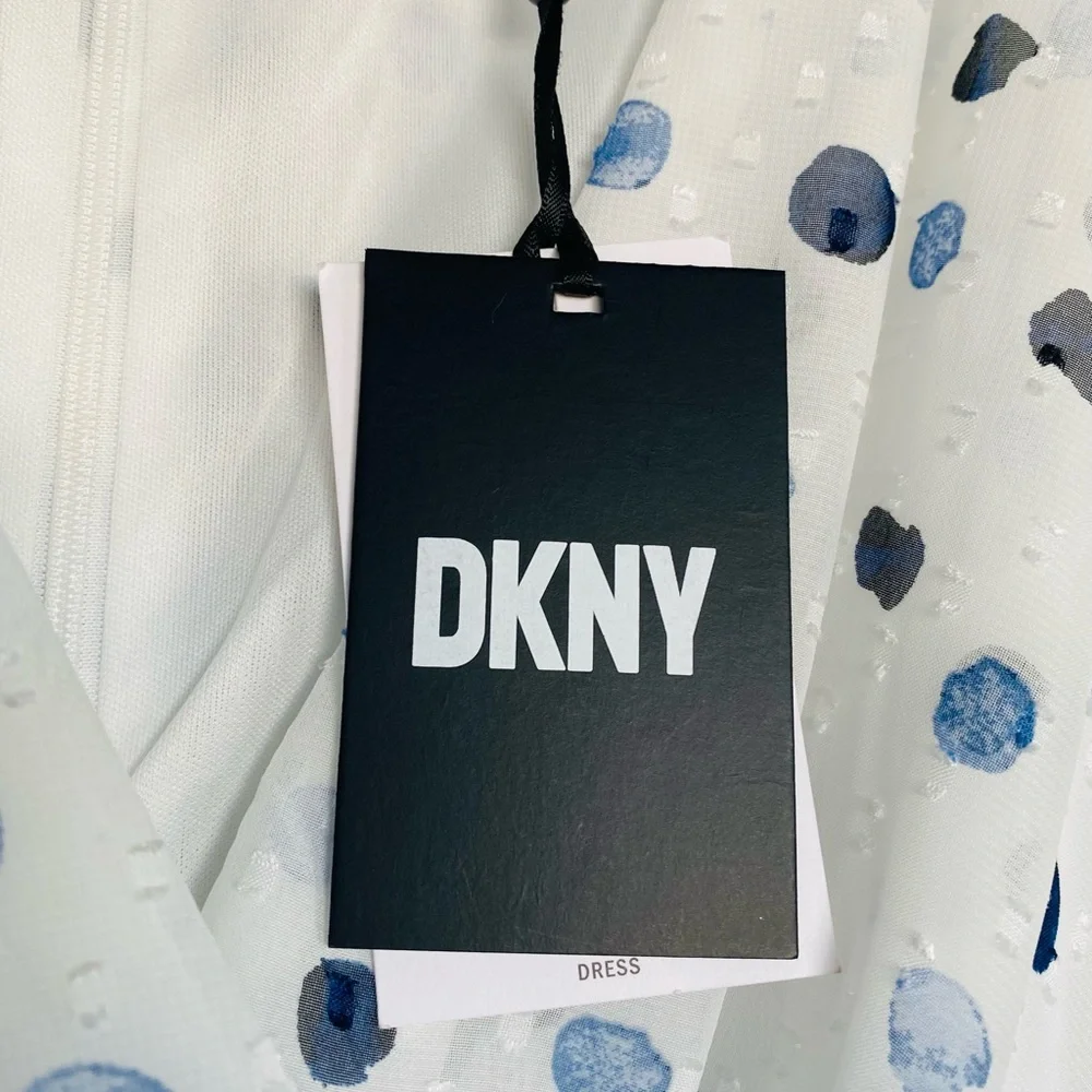 NWT! DKNY Midi White and Blue Polka Dots Wrap Dress with Puff Sleeves! Size 14W! - Picture 5 of 12